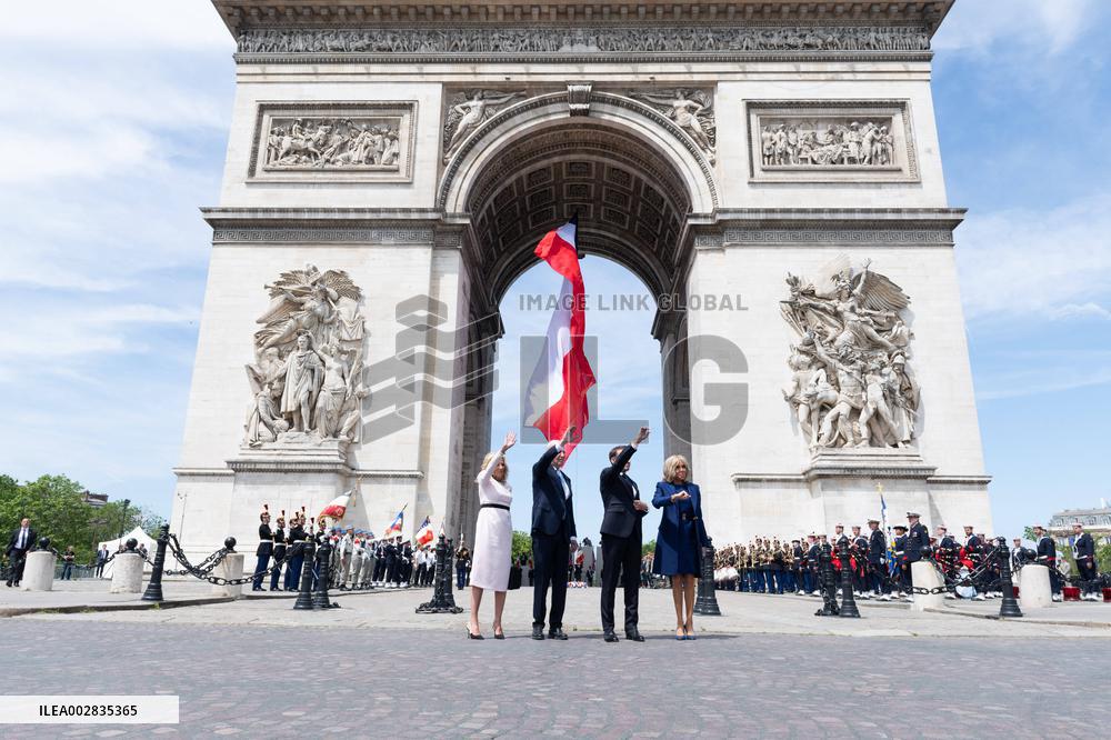 Presidents Macron And Biden At Arc de Triomphe Ceremony - Paris