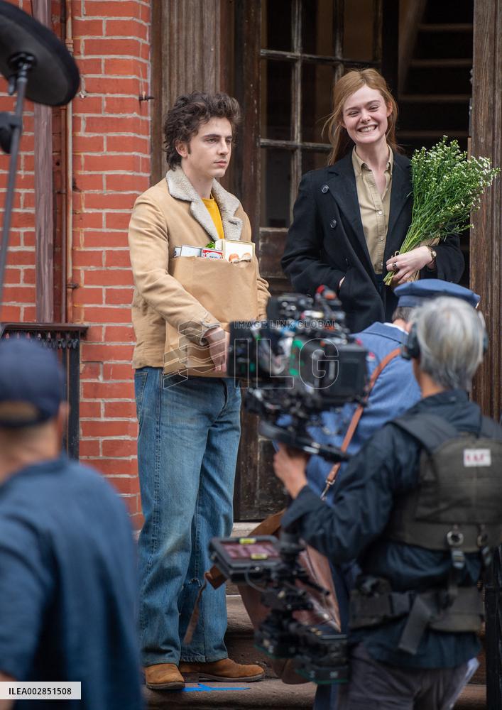 Timothee Chalamet And Elle Fanning On Set - NYC