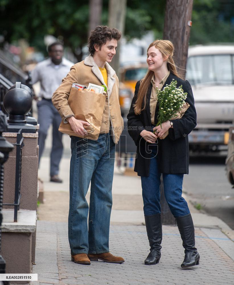Timothee Chalamet And Elle Fanning On Set - NYC