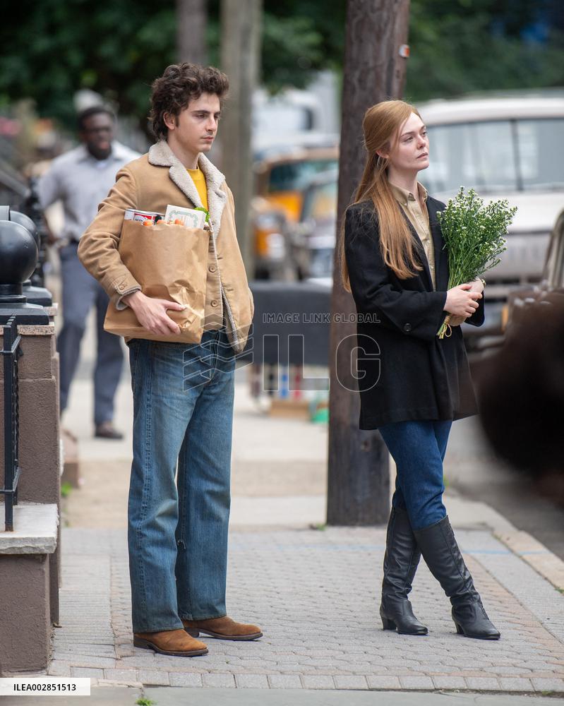 Timothee Chalamet And Elle Fanning On Set - NYC
