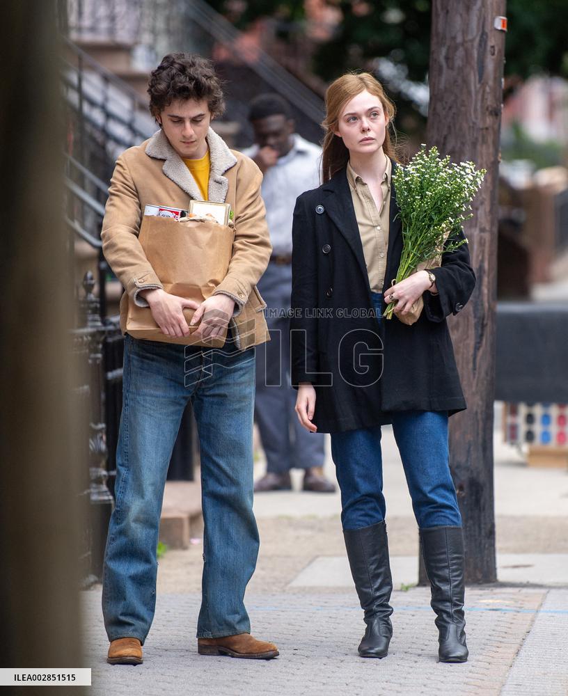 Timothee Chalamet And Elle Fanning On Set - NYC