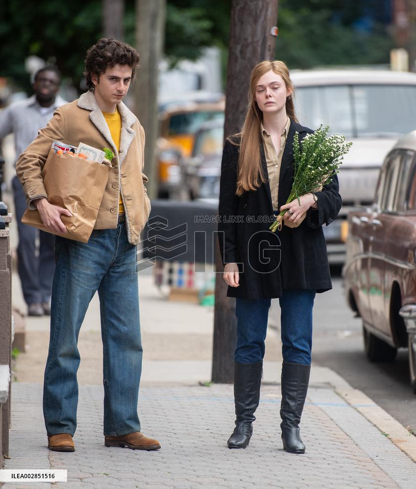 Timothee Chalamet And Elle Fanning On Set - NYC
