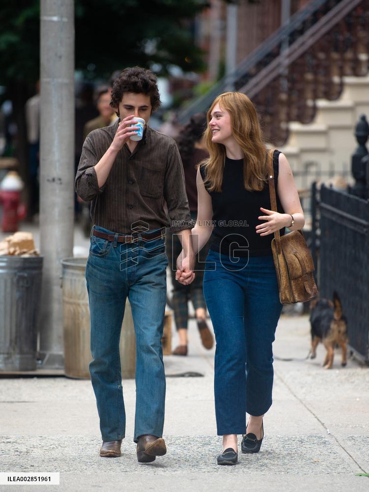 Timothee Chalamet And Elle Fanning On Set - NYC