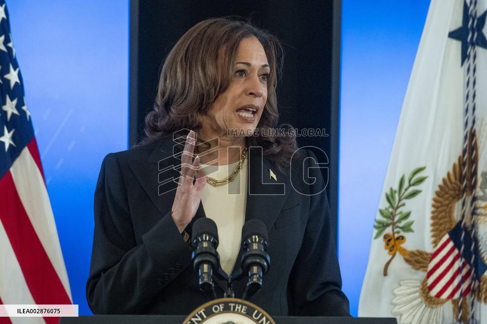 United States Vice President Kamala Harris delivers remarks on conflict-related sexual violence at the White House.