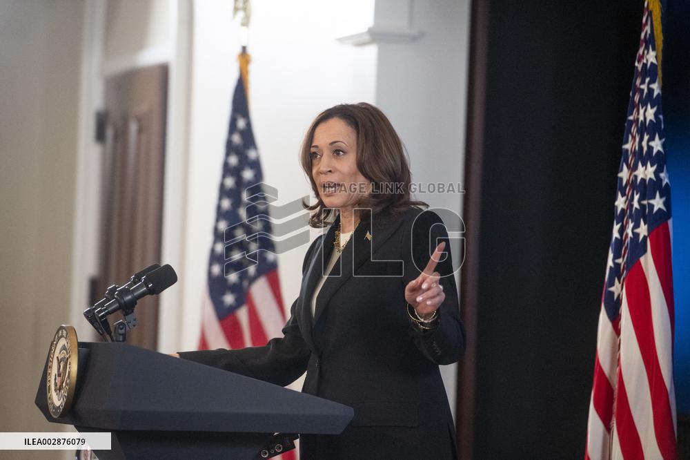 United States Vice President Kamala Harris delivers remarks on conflict-related sexual violence at the White House.