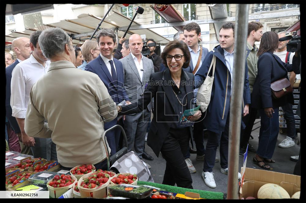 Gabriel Attal And Rachida Dati At Raspail Market - Paris