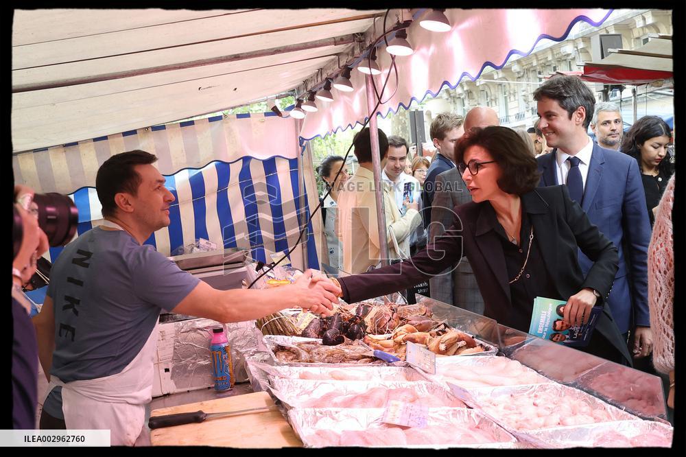 Gabriel Attal And Rachida Dati At Raspail Market - Paris