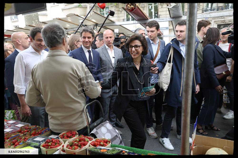 Gabriel Attal And Rachida Dati At Raspail Market - Paris
