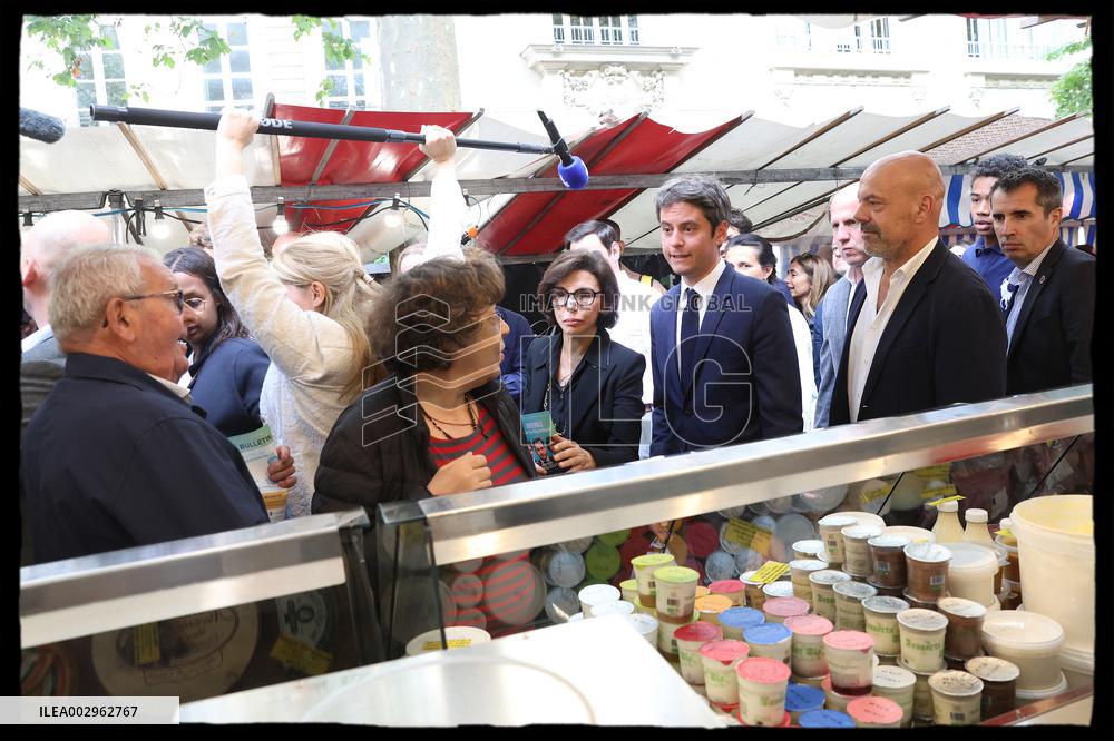 Gabriel Attal And Rachida Dati At Raspail Market - Paris