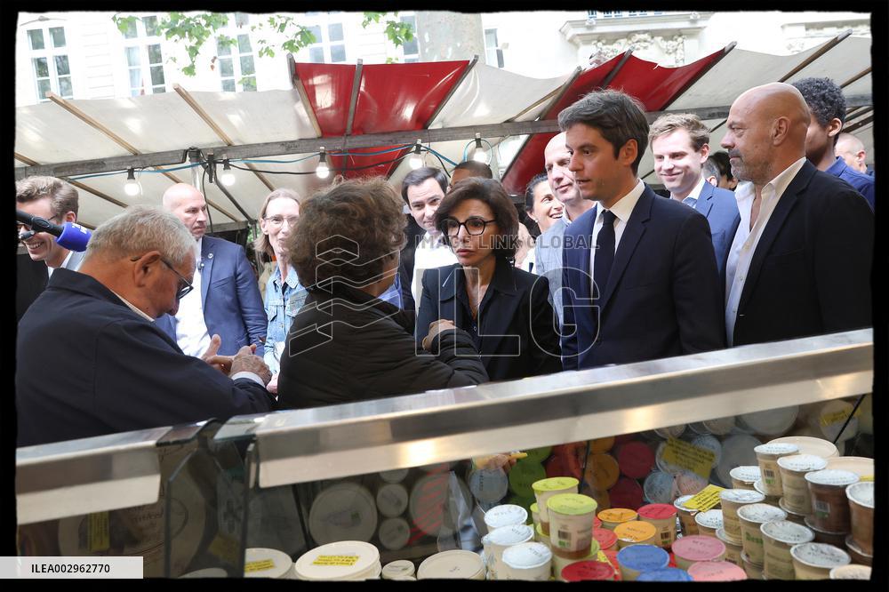 Gabriel Attal And Rachida Dati At Raspail Market - Paris