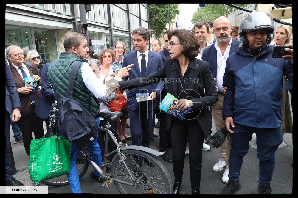 Gabriel Attal And Rachida Dati At Raspail Market - Paris