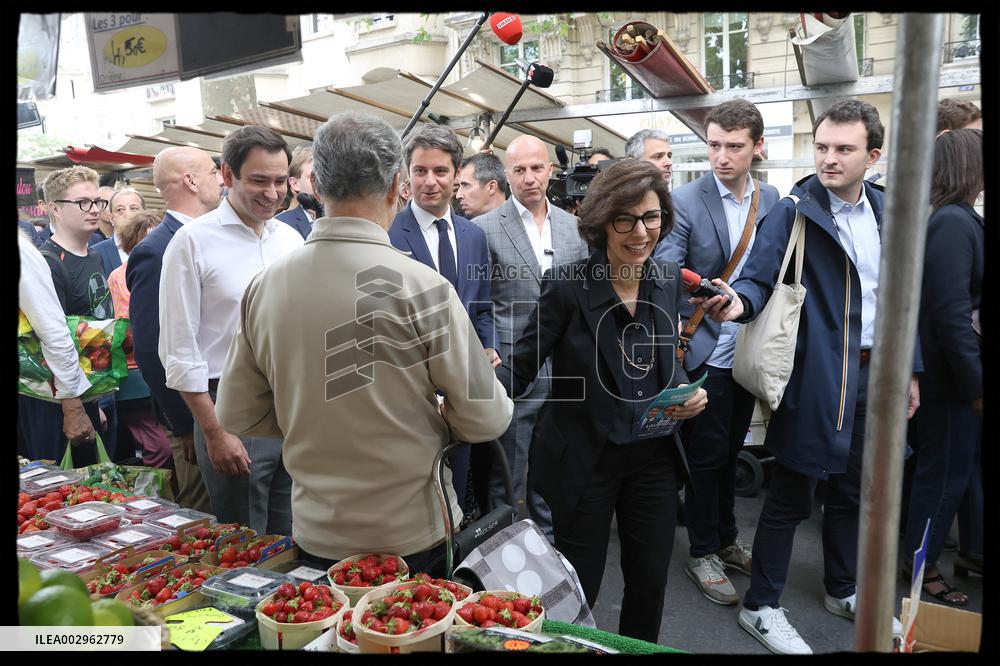 Gabriel Attal And Rachida Dati At Raspail Market - Paris