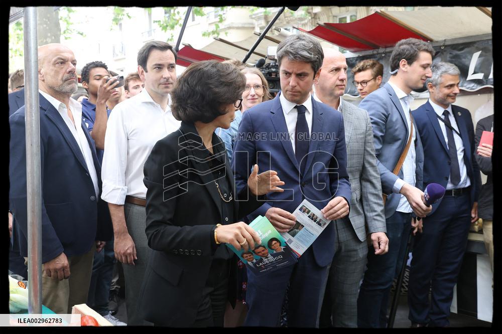 Gabriel Attal And Rachida Dati At Raspail Market - Paris