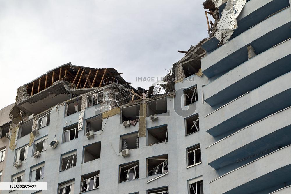 Consequences of Russian missile attack in Kyivss Solomianskyi district