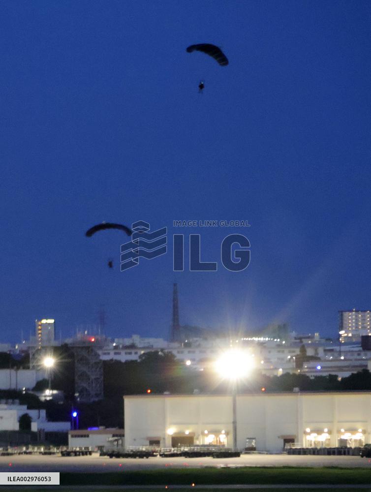 Parachuting drill at U.S. Air Force base in Okinawa