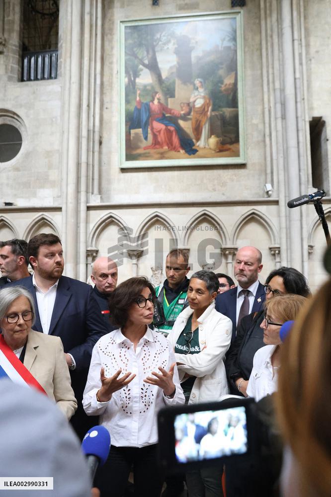 Rachida Dati Visits Rouen Cathedral Following Its Spire Fire