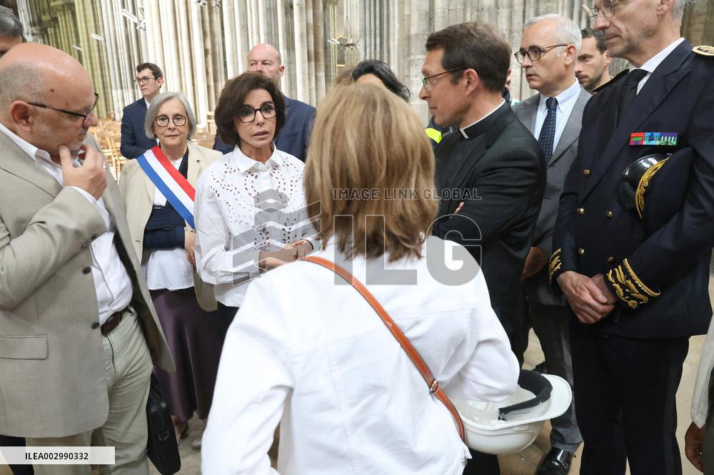 Rachida Dati Visits Rouen Cathedral Following Its Spire Fire