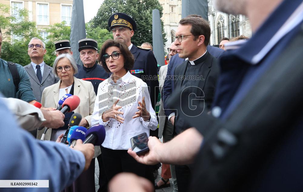 Rachida Dati Visits Rouen Cathedral Following Its Spire Fire