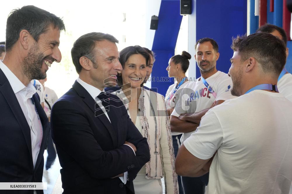 Paris 2024 - President Macron Visits The Olympic Village - Paris