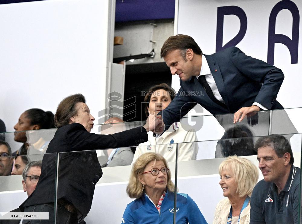Paris 2024 - Rugby Sevens Princess Anne and President Macron At France v Fidji