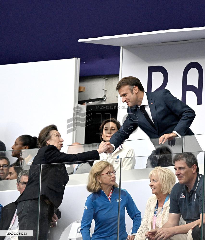 Paris 2024 - Rugby Sevens Princess Anne and President Macron At France v Fidji
