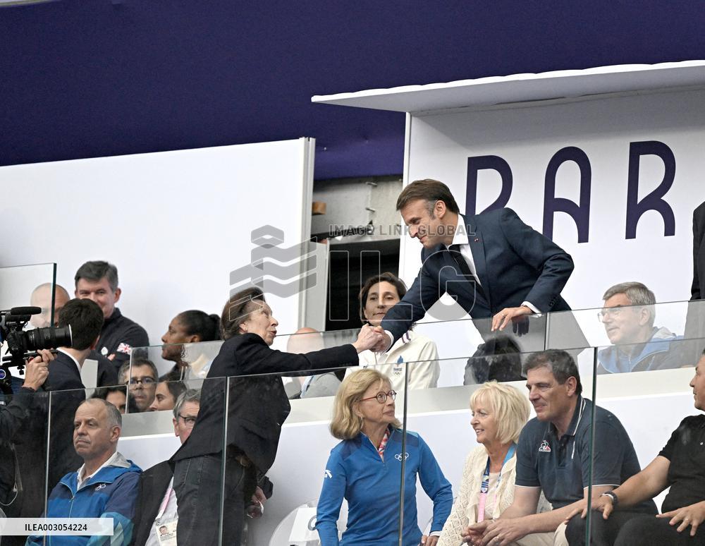Paris 2024 - Rugby Sevens Princess Anne and President Macron At France v Fidji