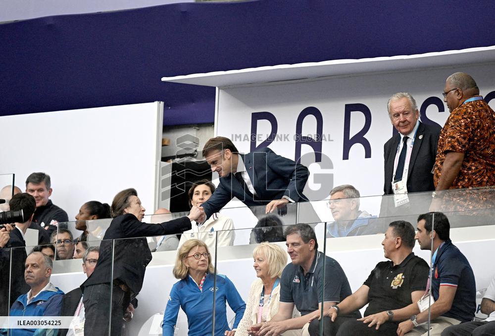 Paris 2024 - Rugby Sevens Princess Anne and President Macron At France v Fidji