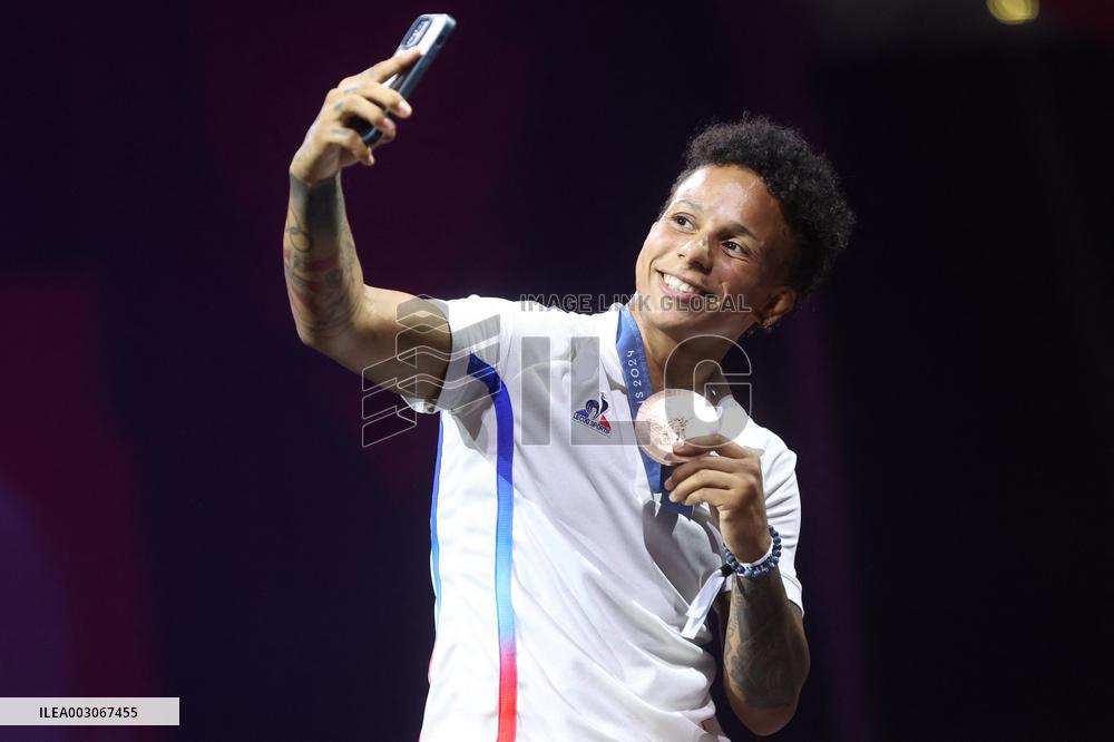 Paris 2024 - Amandine Buchard celebrating her bronze medal at Club France