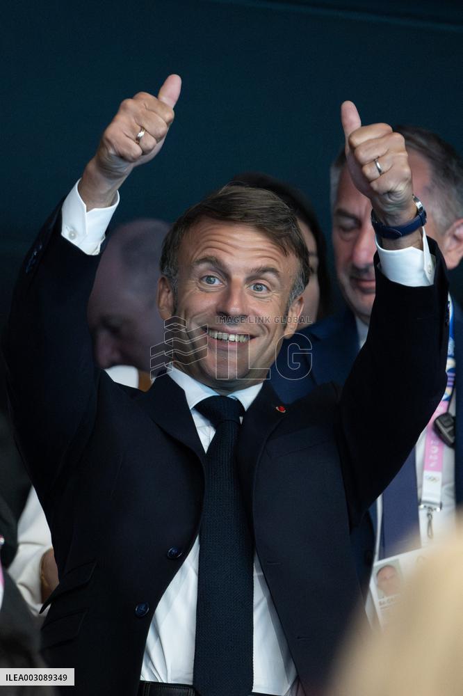 Paris 2024 - Macron Celebrates In The Stands