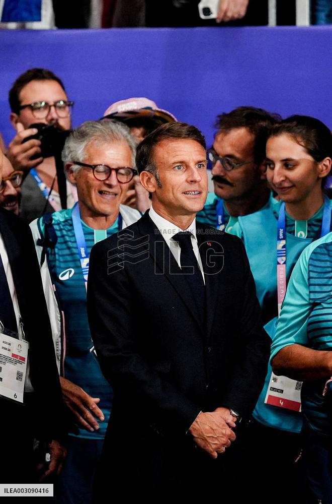 Paris 2024 - Emmanuel Macron At BMX Triple French Medals Podium