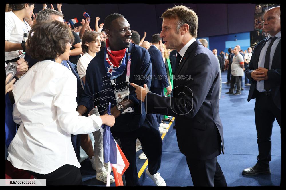 Paris 2024 - President Macron Congratulates Gold Medal Teddy Riner
