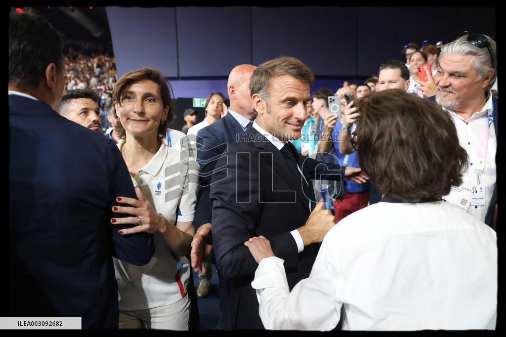 Paris 2024 - President Macron Congratulates Gold Medal Teddy Riner