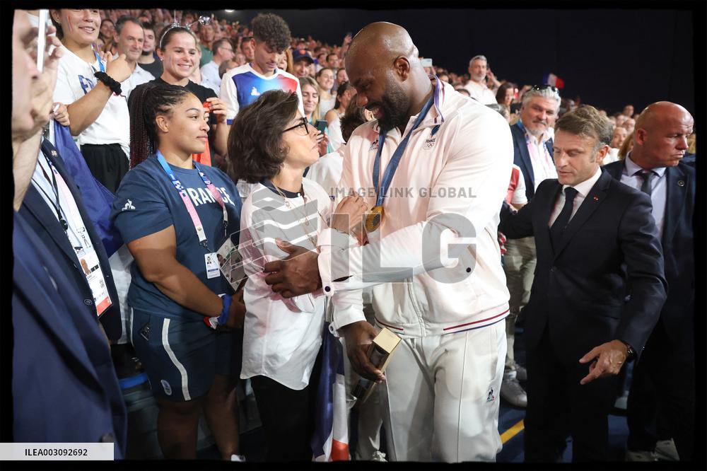 Paris 2024 - President Macron Congratulates Gold Medal Teddy Riner