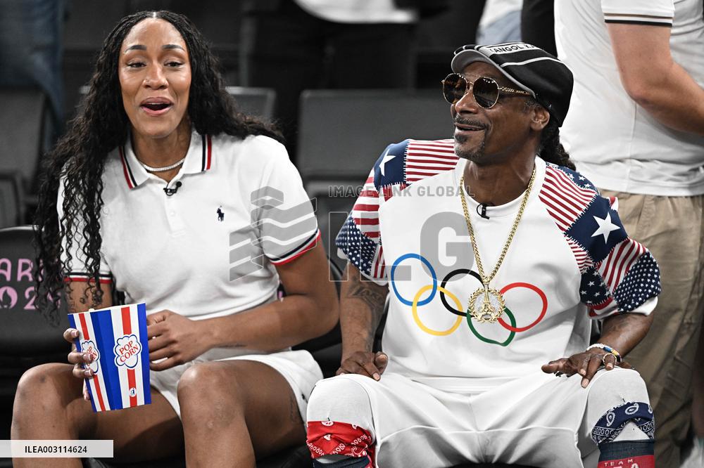 Paris 2024 - Basketball - Snoop Dogg And A'ja Wilson at USA v Brazil