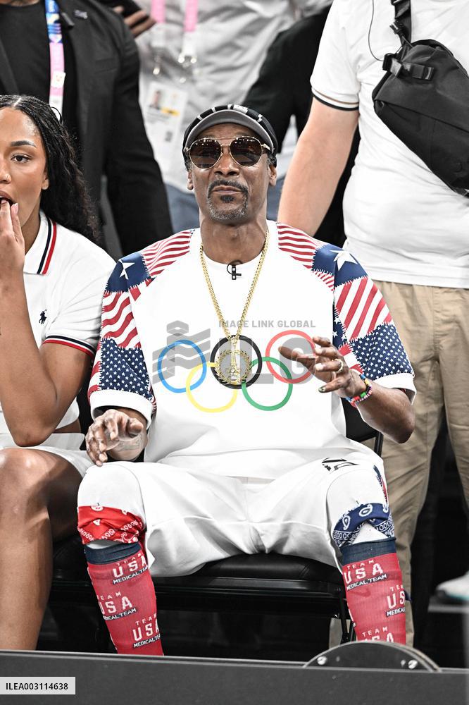 Paris 2024 - Basketball - Snoop Dogg And A'ja Wilson at USA v Brazil