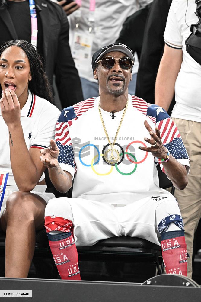 Paris 2024 - Basketball - Snoop Dogg And A'ja Wilson at USA v Brazil