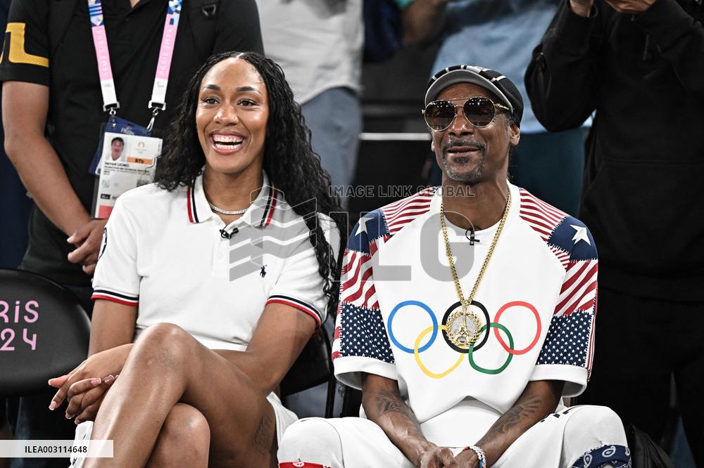 Paris 2024 - Basketball - Snoop Dogg And A'ja Wilson at USA v Brazil