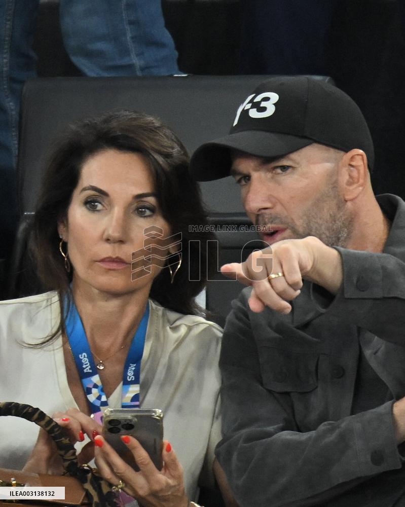 Paris 2024 - Zinedine Zidane And Wife At Basketball Final France v USA