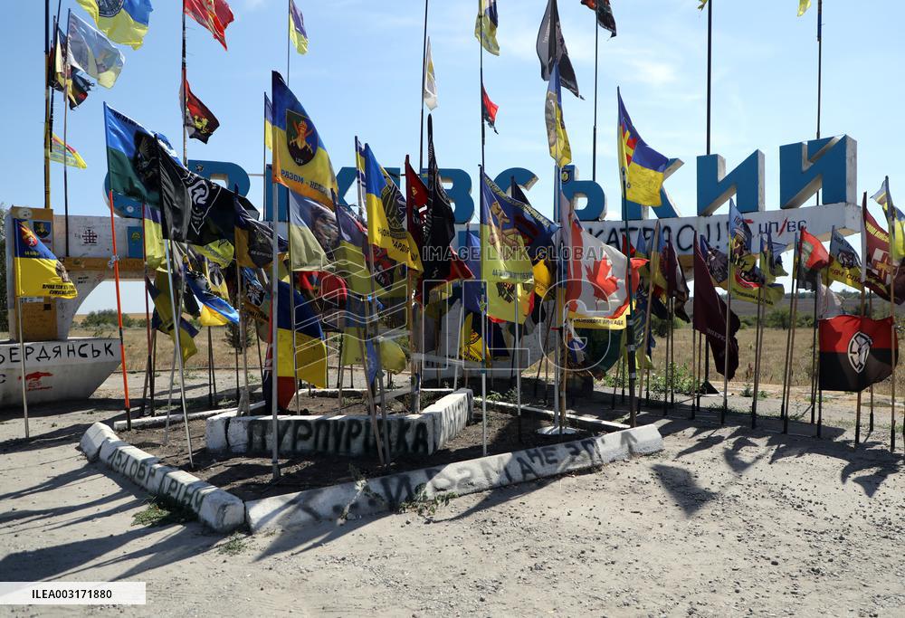 Stele at former Orikhiv district in Zaporizhzhia region