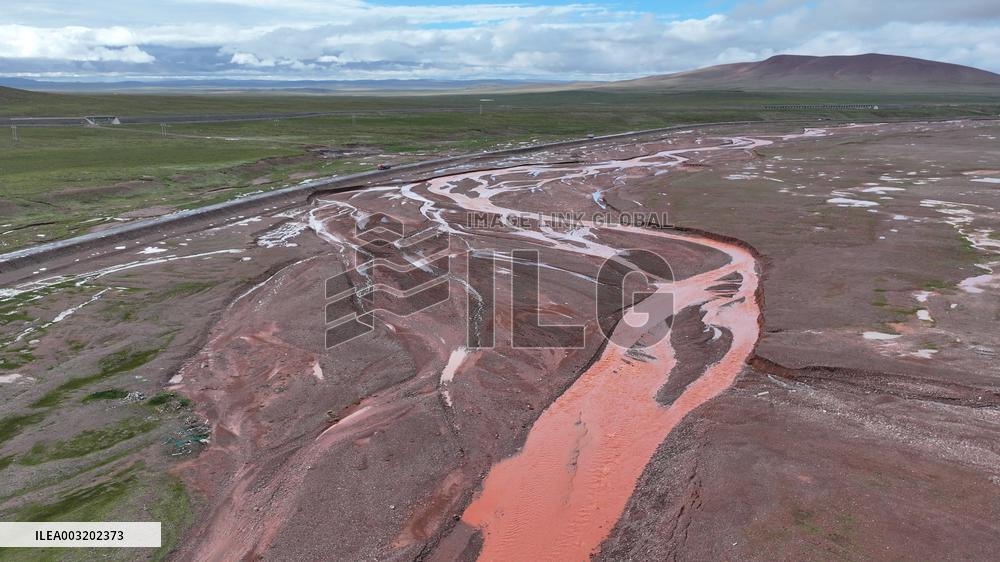 Red Rivers Flow Through Grassland in Haixi