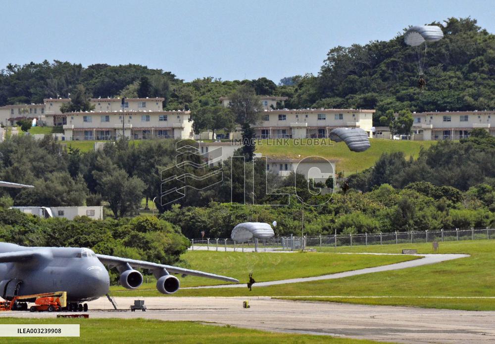 Parachuting drill at U.S. Air Force base in Okinawa