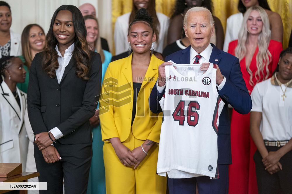 US President Joe Biden welcomes the University of South Carolina Gamecocks Womens Basketball team to the White House