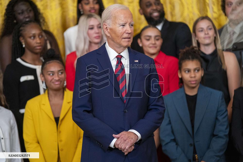 US President Joe Biden welcomes the University of South Carolina Gamecocks Womens Basketball team to the White House