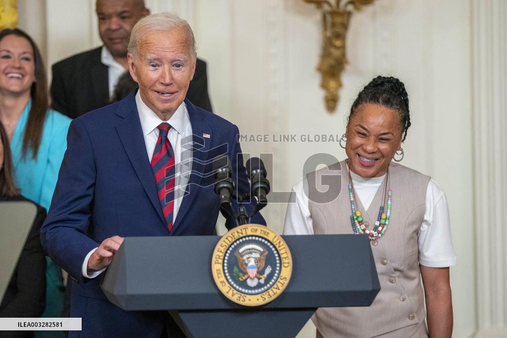 US President Joe Biden welcomes the University of South Carolina Gamecocks Womens Basketball team to the White House
