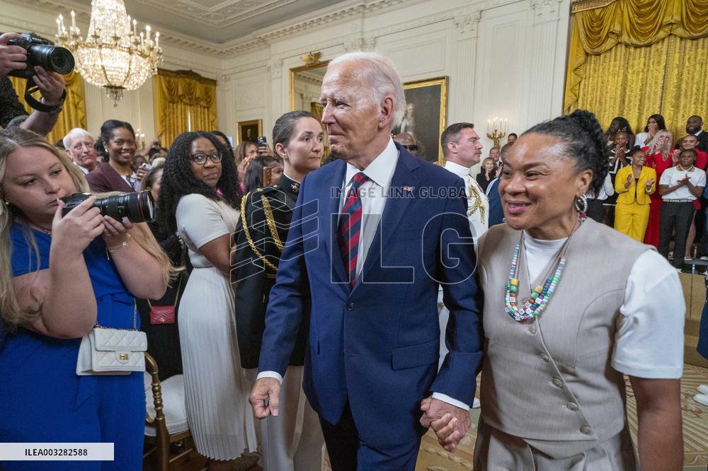 US President Joe Biden welcomes the University of South Carolina Gamecocks Womens Basketball team to the White House