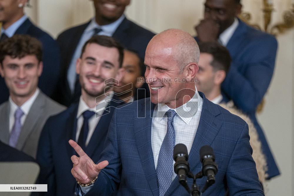 US President Joe Biden welcomes the University of Connecticut Huskies Mens Basketball team to the White House