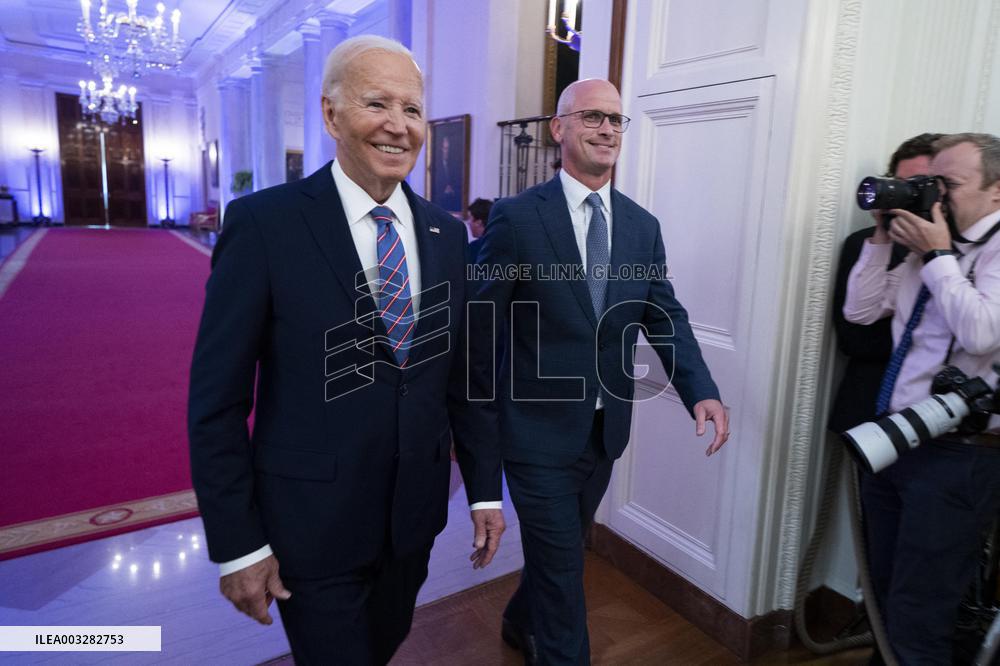 US President Joe Biden welcomes the University of Connecticut Huskies Mens Basketball team to the White House