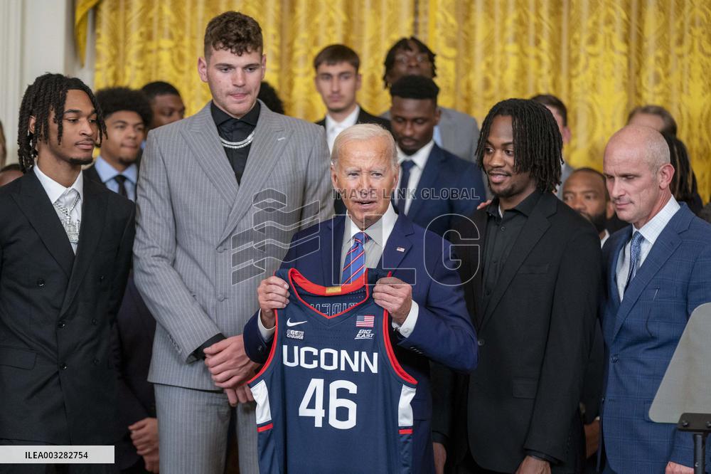US President Joe Biden welcomes the University of Connecticut Huskies Mens Basketball team to the White House