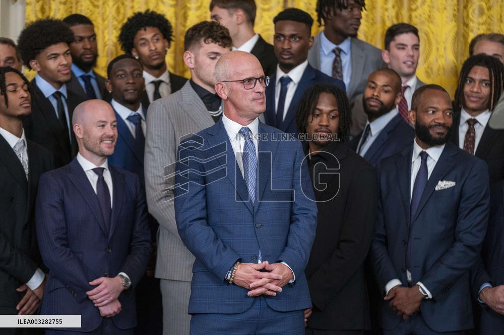 US President Joe Biden welcomes the University of Connecticut Huskies Mens Basketball team to the White House