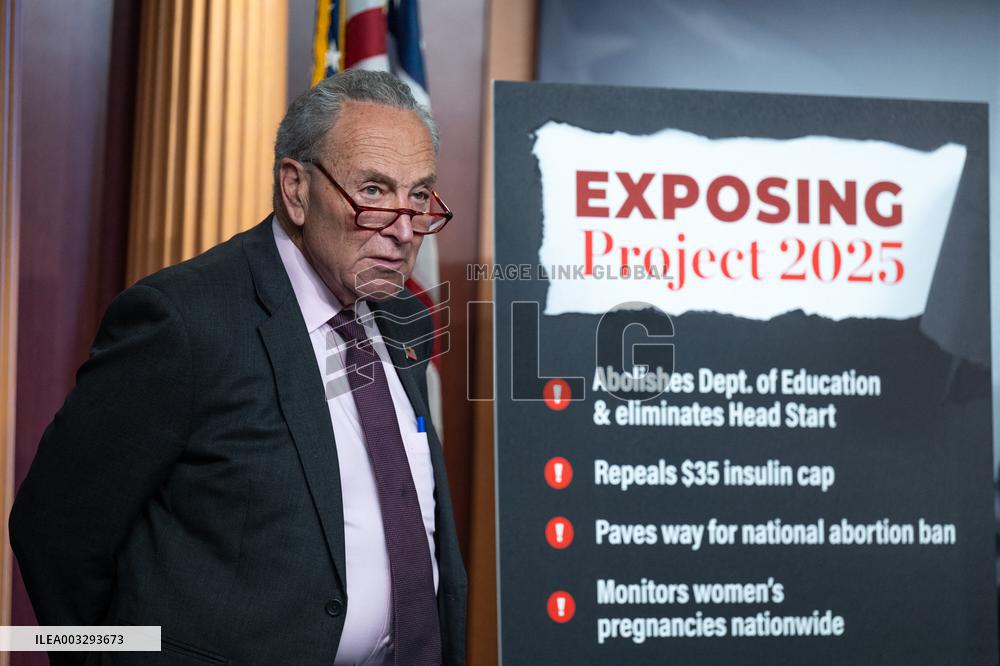 Schumer Holds A Press Conference On Project 2025 - Washington